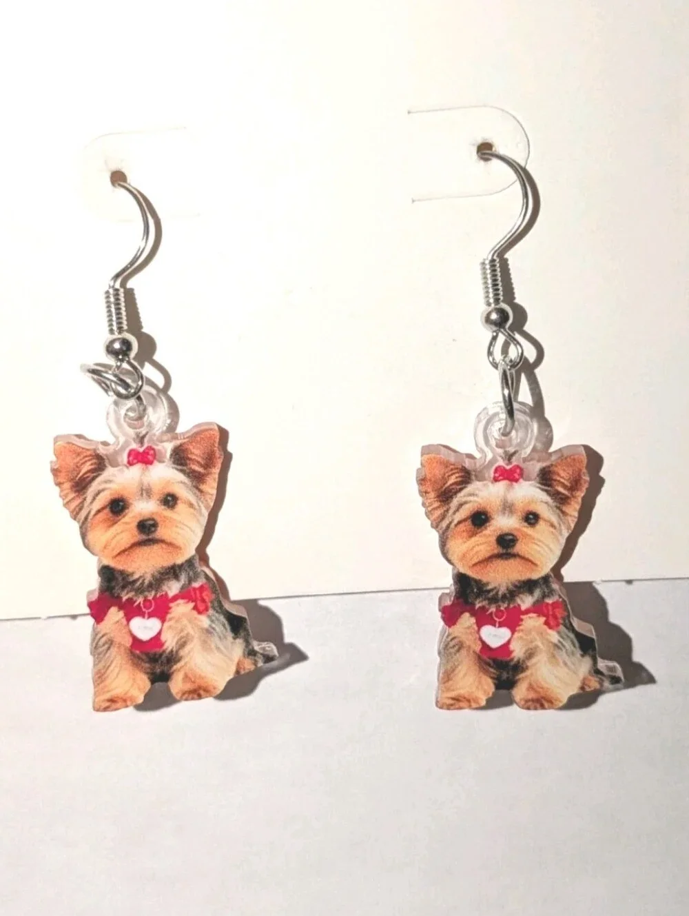 Hand Crafted 2D Flat Yorkie Dog Dangle Earrings in Red Accents